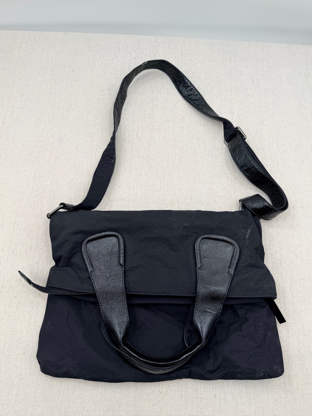 Hobo Black Nylon Messenger Bag with Leather Accents